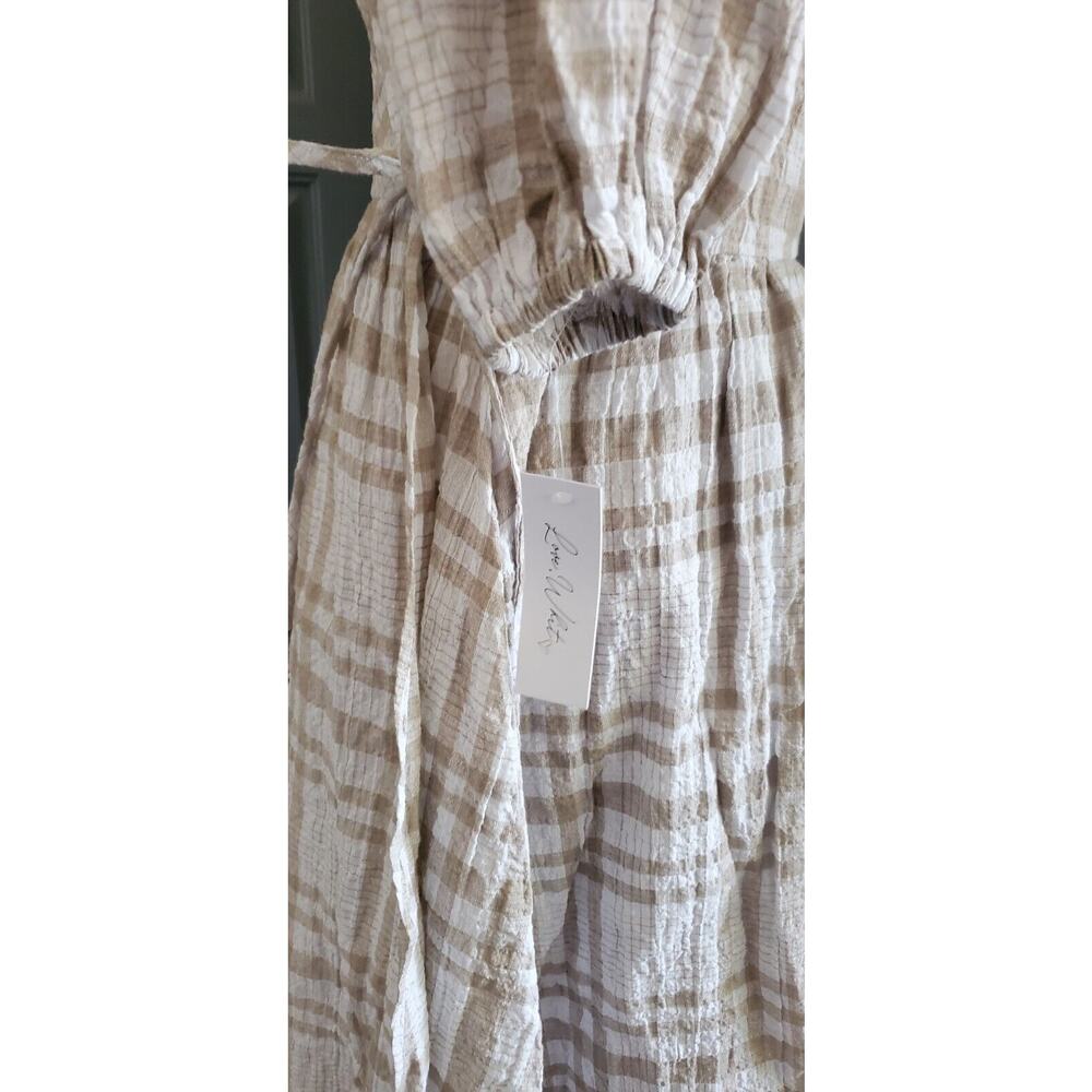Love, Whit By Whitney Port Beige Summer Plaid Tie Wrap Dress Balloon Sleeves NWT - Picture 7 of 8